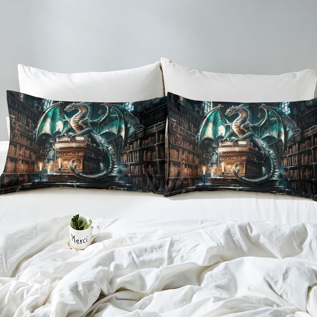 Magical Dragon Duvet Cover,Library Vintage Books Geometric Grid Bedding Set for Kids Teens Adults,Green Dragon Wild Animal Western Style Comforter Cover with 2 Pillowcases(No Comforter)King Size 3 Pcs