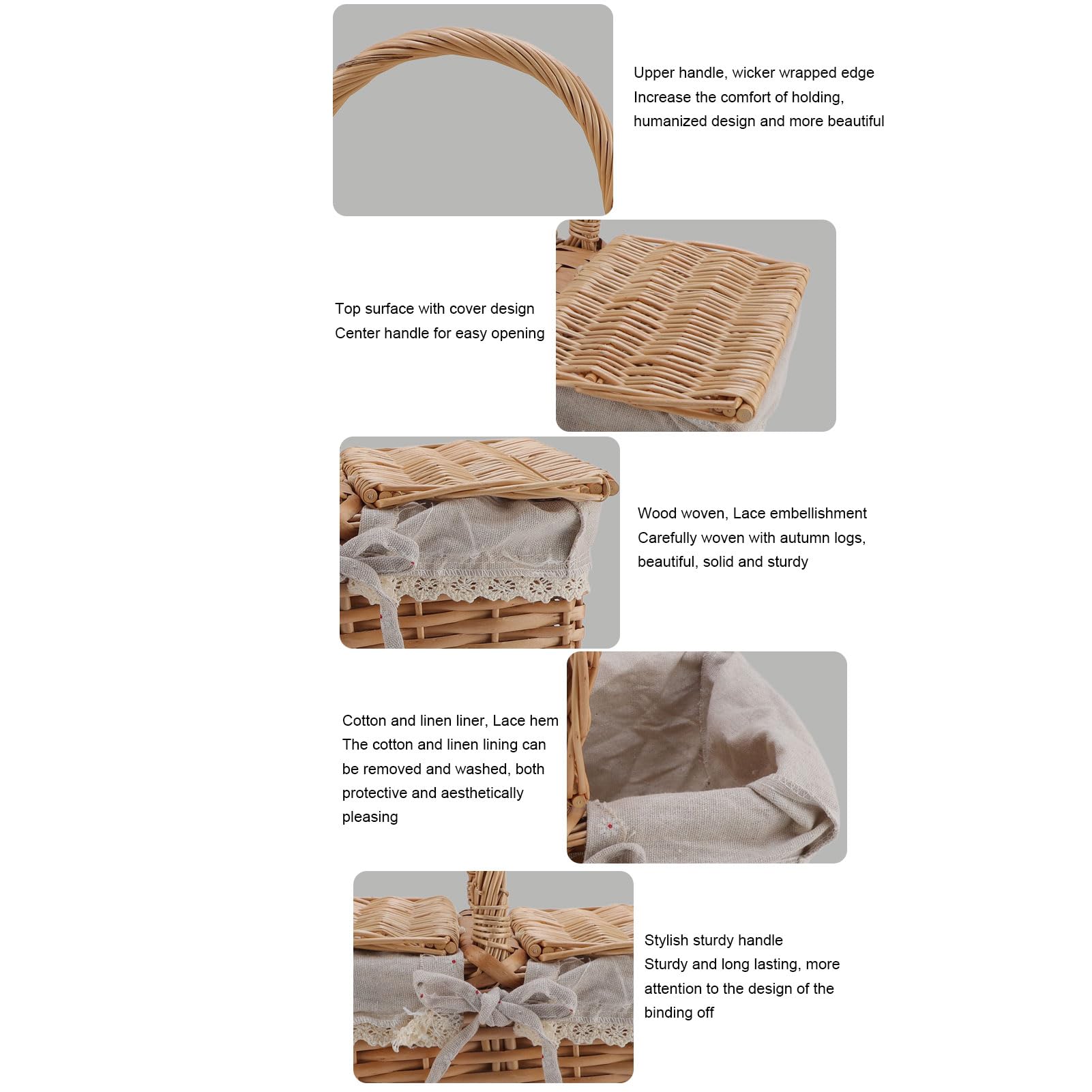Cesta de picnic de mimbre grande con tapa, 30 x 20 x 15 cm, plegable, cesta tejida a mano con asa, cesta de la compra de mimbre, cesta vacía de regalo para frutas, dulces, vino,