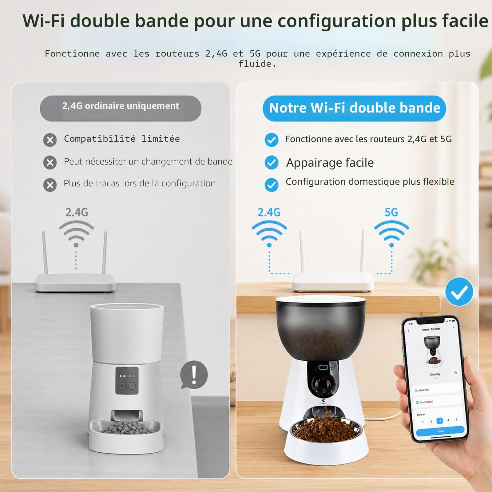 Podazz Distributeur Croquettes Chat Automatique avec Caméra 1080P, 2.4G/5G WiFi Gamelle Chat Automatique Contrôle Via App, Vision Nocturne, Audio Deux Voies, Bol INOX, Jusqu'à 10 Repas/Jour