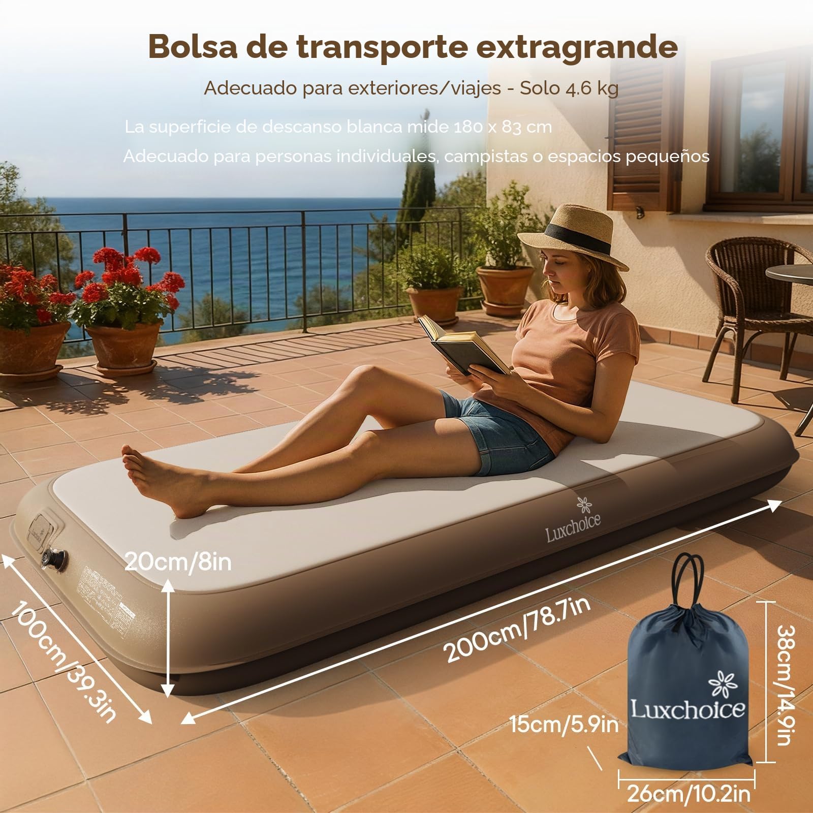 Luxchoice Colchón Hinchable Individual 200x100x20cm con Bomba Portátil USB | Colchón Inflable Individual, 500kg Max, Inflado Rápido en 2 Minutos, Superficie Fresca y Cómoda, para Camping e Invitados