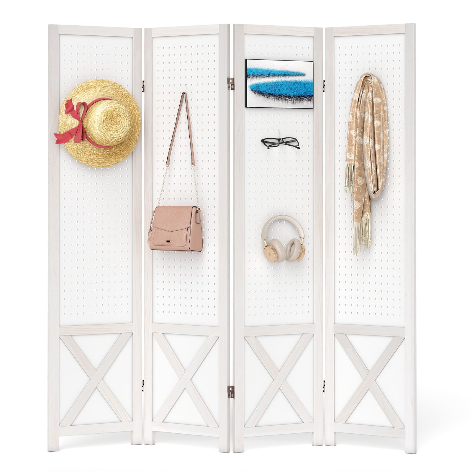 COSTWAY 4/6 Panel Folding Room Divider with Pegboard Display, Freestanding Wall Privacy Screen Protector, Solid Wood Room Partition Paravent Separator for Bedroom Living Room Store (4 Panel-162x170cm)