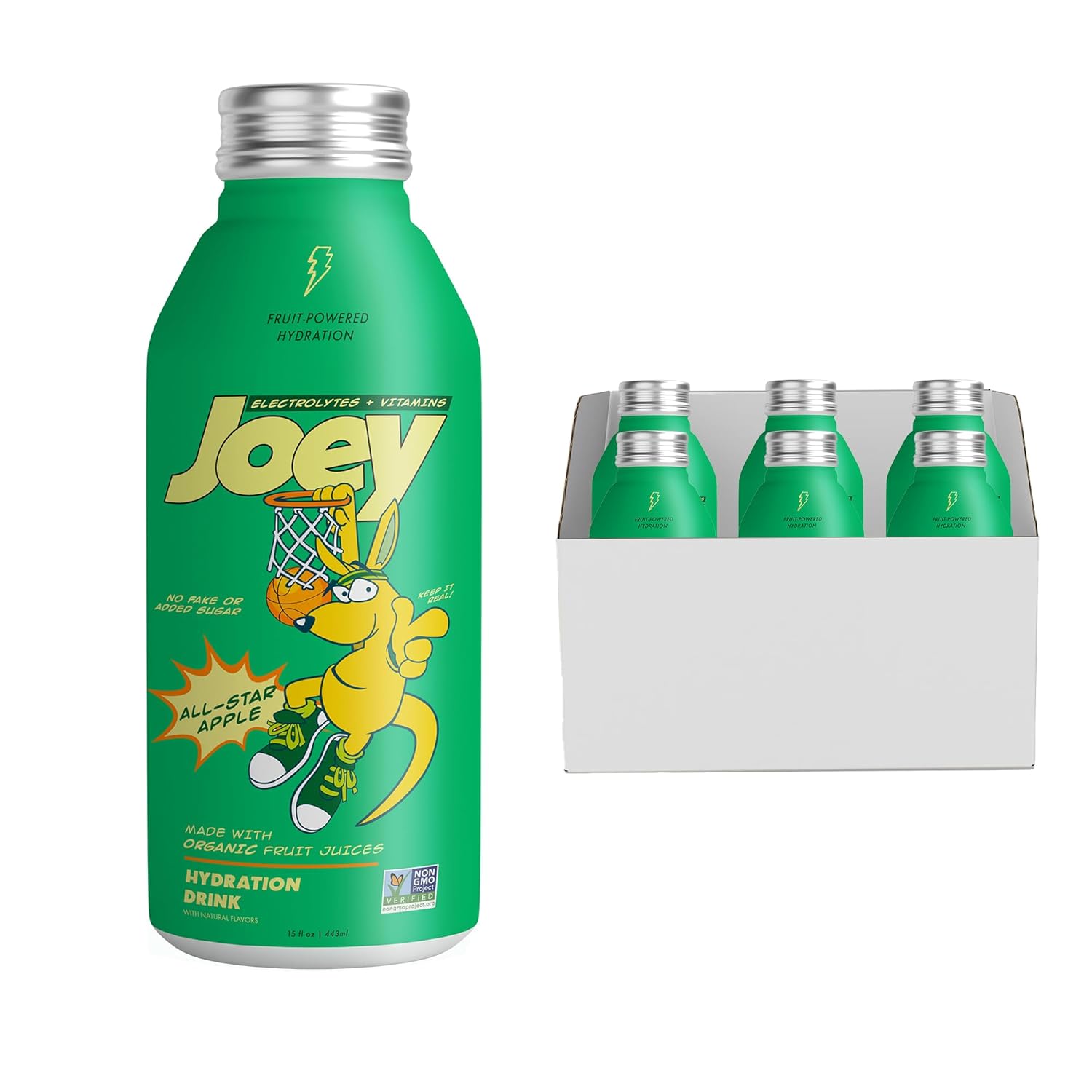 Joey Hydration Drink, Electrolytes, Vitamins C, Vitamin D, Organic Ingredients, No Added Sugar, Fruit-Powered - All-Star Apple, 15 Ounce Bottles (Pack of 6)