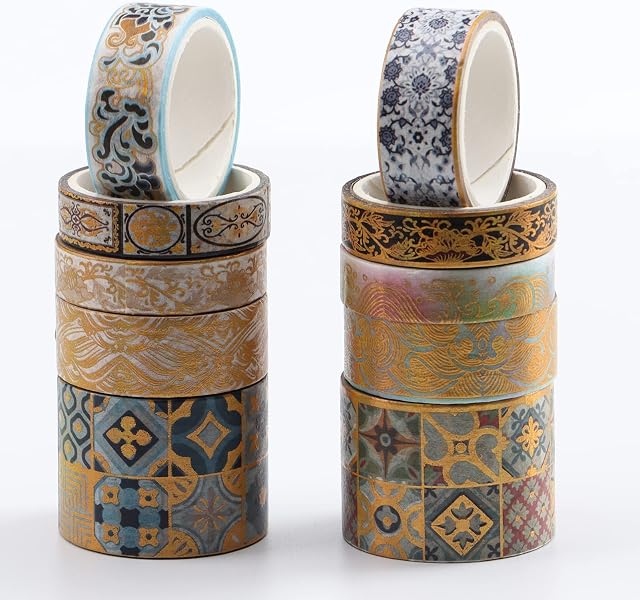 10 Rolls Aesthetic Washi Tape Set, 30/15/10 mm Wide, Beautiful Gold Foil Decorative, Masking Tape Decor for Scrapbook, Gift Wrapping, Journal, Planners