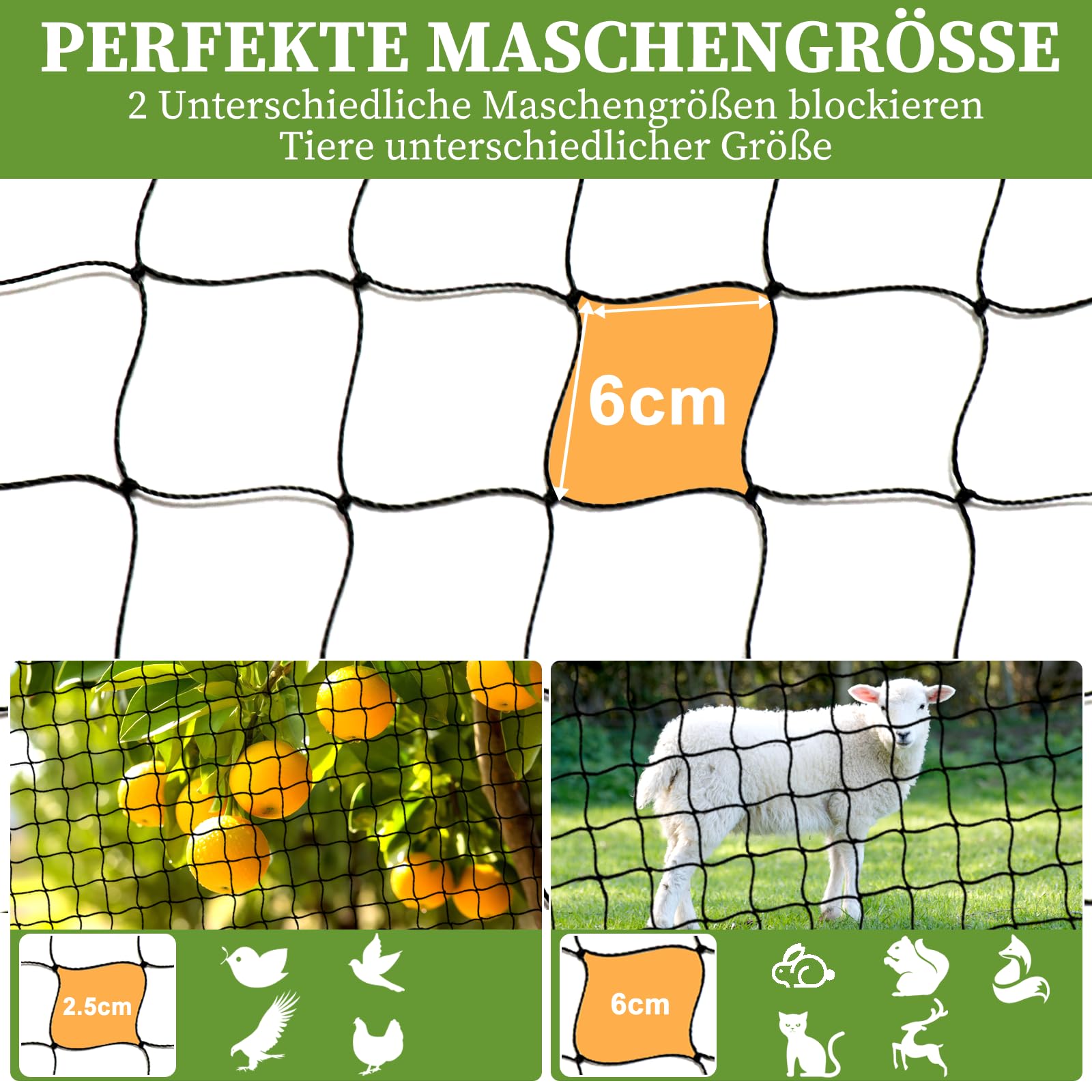 Rete di protezione per uccelli, 15 m x 15 m, con maglia fine da 6 cm, per rete da giardino, per laghetti, per balcone, resistente ai raggi UV, per alberi da frutto, con 6 ancoraggi a terra
