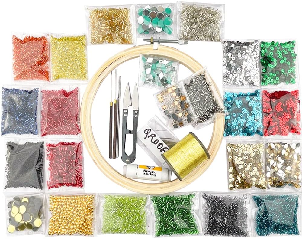 Qroof Aari Work,Maggam Work Materials Kit Sepi Glass Beads Mirror Combo Kit For Blouse, Fabric Decoration For Beginner Set Pack, Multicolor