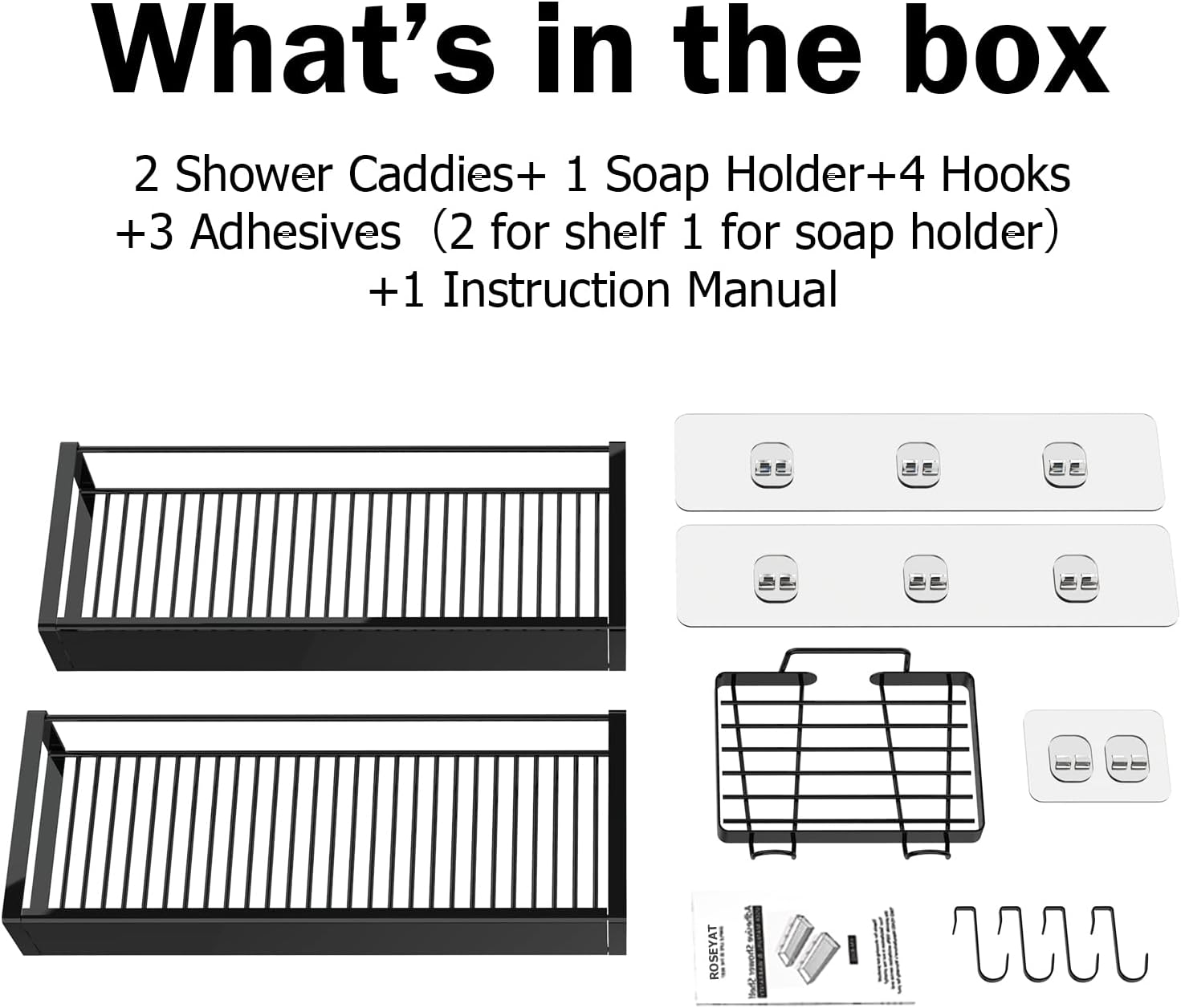 Black Corner Shower Caddy - No Drilling Stainless Steel Bathroom Shelf with Hooks, Adhesive Storage Organizer - Space-Saving Wall Mounted Rack for Inside Shower, 2 Pack
