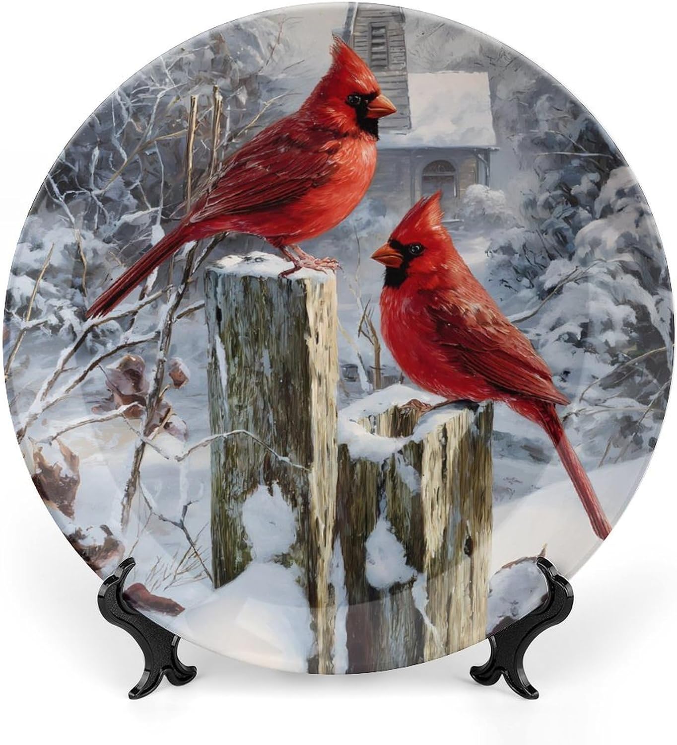 Cardinal Perched On Fence Winter Snowy Decorative Plates for Display Ceramic Plate Tray with Stand Hanger Home Decor