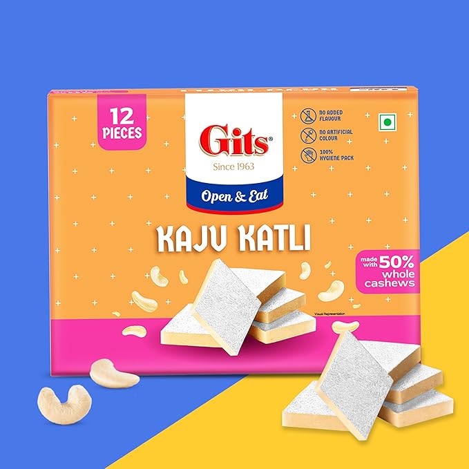 Gits Kaju Katli 125 Gm X 1 Box (12 Pieces) | Kaju Katli Made with Finest Cashews | Kaju Barfi | Indian Mithai | No Added Colours |Traditional Sweets | Gift Pack