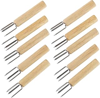 Corn Holders Set of 10 Stainless Steel Corn on The Cob Holders Fruit Forks with Wood Handle for Home Cooking and BBQ Twin Prong Sweetcorn Holders
