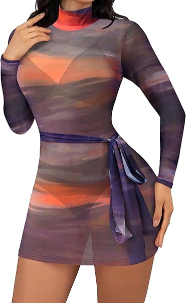 Sexy Long Sleeve Midi Dress for Women Sheer Mesh Printed Crew Neck Bodycon Party Clubwear See Through Dresses