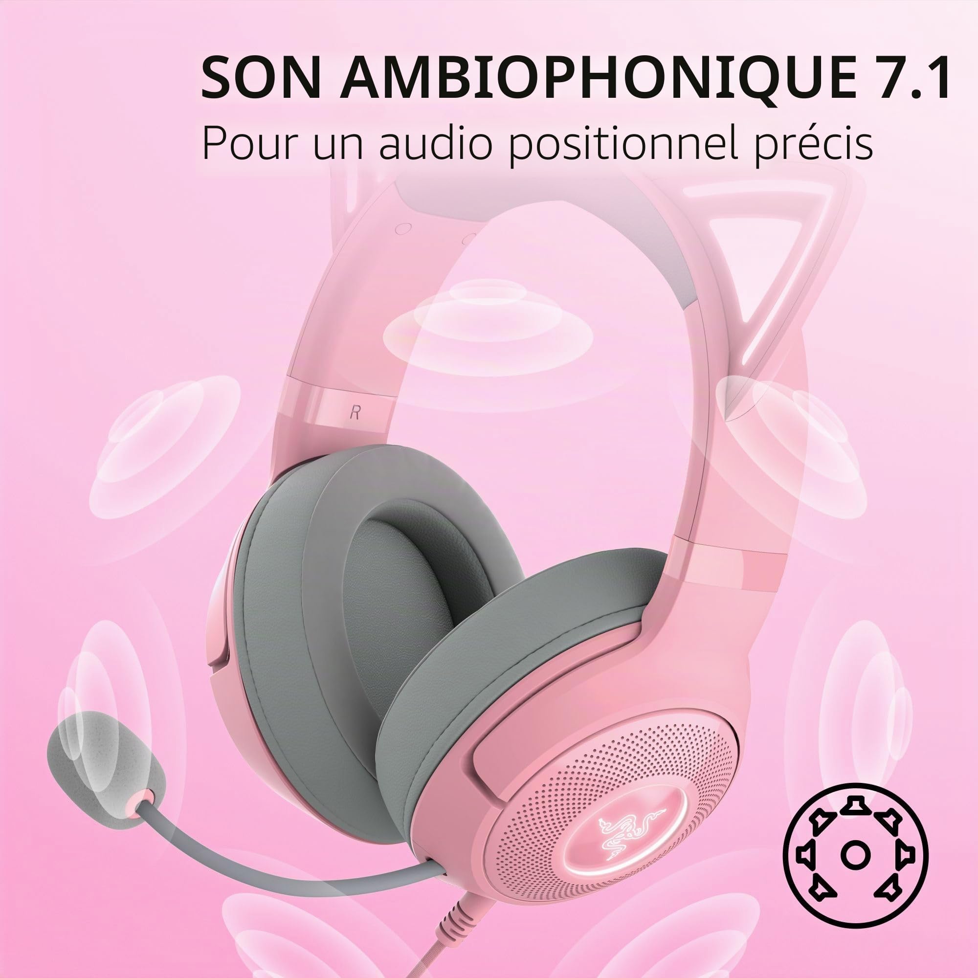 Razer Kraken Kitty V2 Casque Filaire USB RGB : Chroma Kitty Ears - Éclairage réactif - Micro cardioïde HyperClear - Pilotes Triforce 40 mm - Son Surround 7.1 - Quartz Rose
