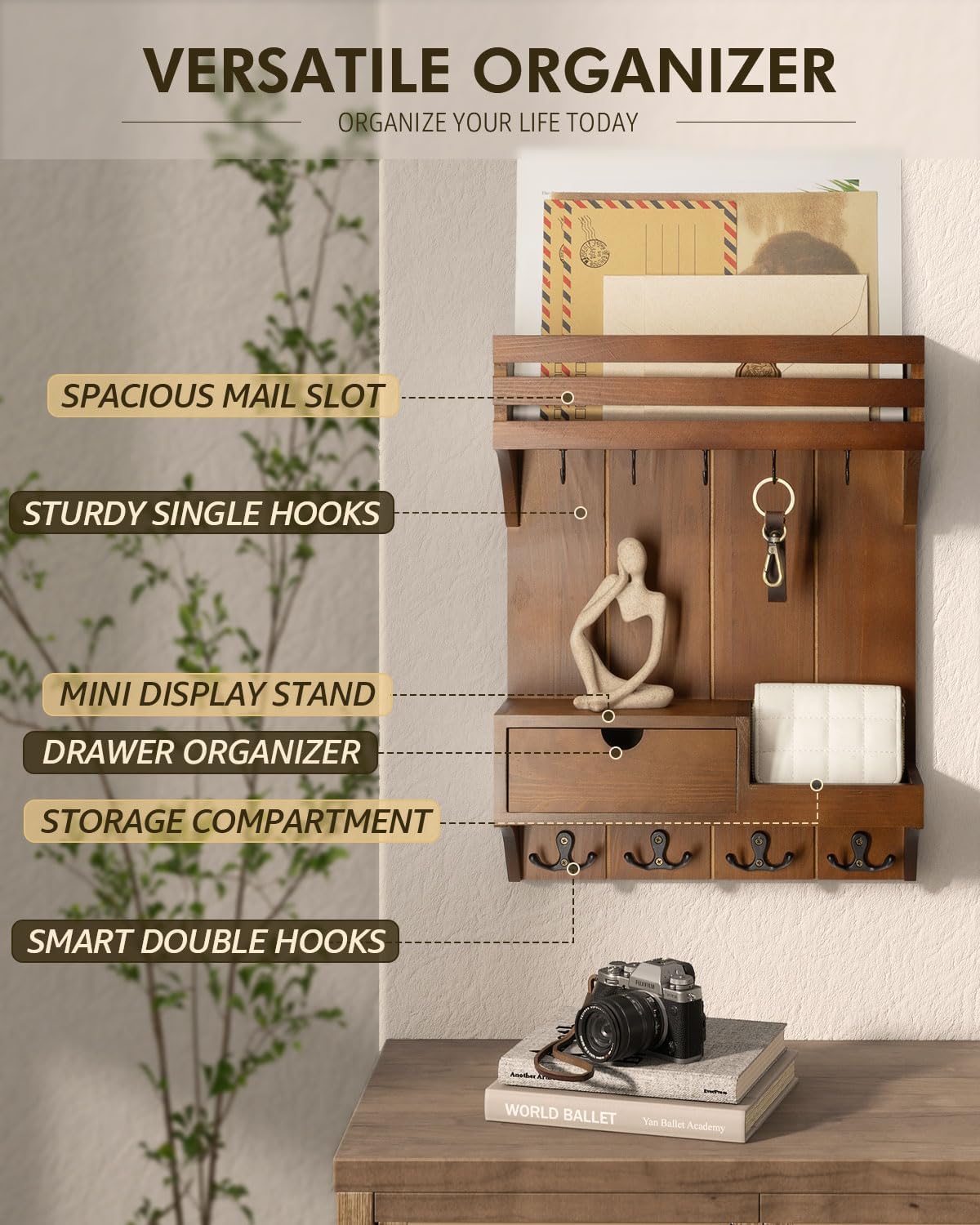 Rebee Vision Farmhouse Key Holder Wall Mount – Decorative Mail Organizer with 9 Key Hooks and Mini Drawer Organizer – Rustic Home Decor for Apartment Essentials (Brown)