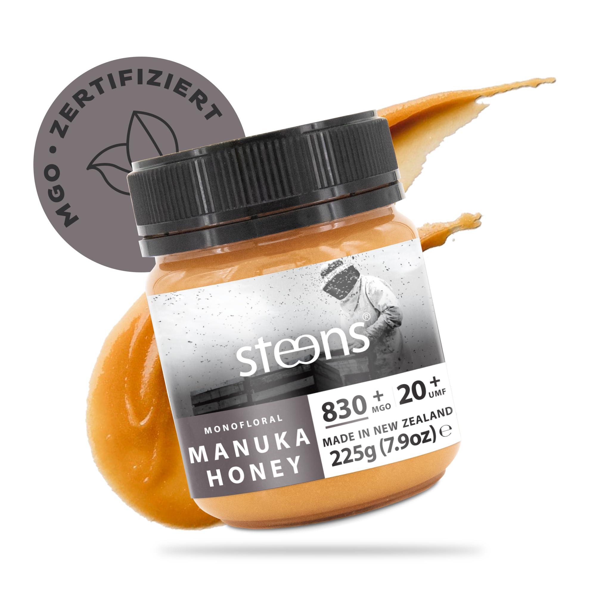 Steens Manuka Honey MGO 830+ - 225 g rein roher 100% zertifizierter UMF 20+ Manuka Honig über 800 MGO - abgefüllt und versiegelt in Neuseeland 225 g
