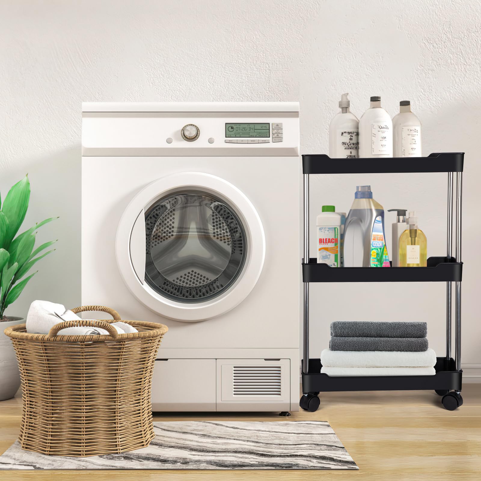 Carro De Almacenamiento De 3 Niveles,Carro De Almacenamiento Delgado Carrito Multifunción Carro De Servicio Ruedas Bloqueables para Cocina Dormitorio Baño Lavadero Negro 15 X40 X 61cm
