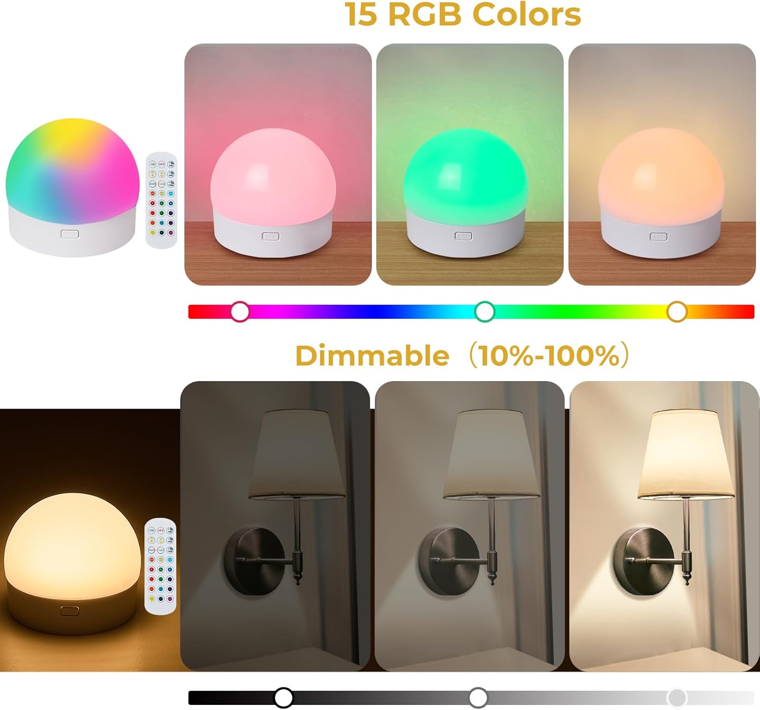 Rechargeable Light Bulb with Remote and Timer Rechargeable Magnetic Bulbs for Sconces and Lamps E26 Battery Light Bulb 3 Color Temperatures,15 RGB Colors,2 Pack