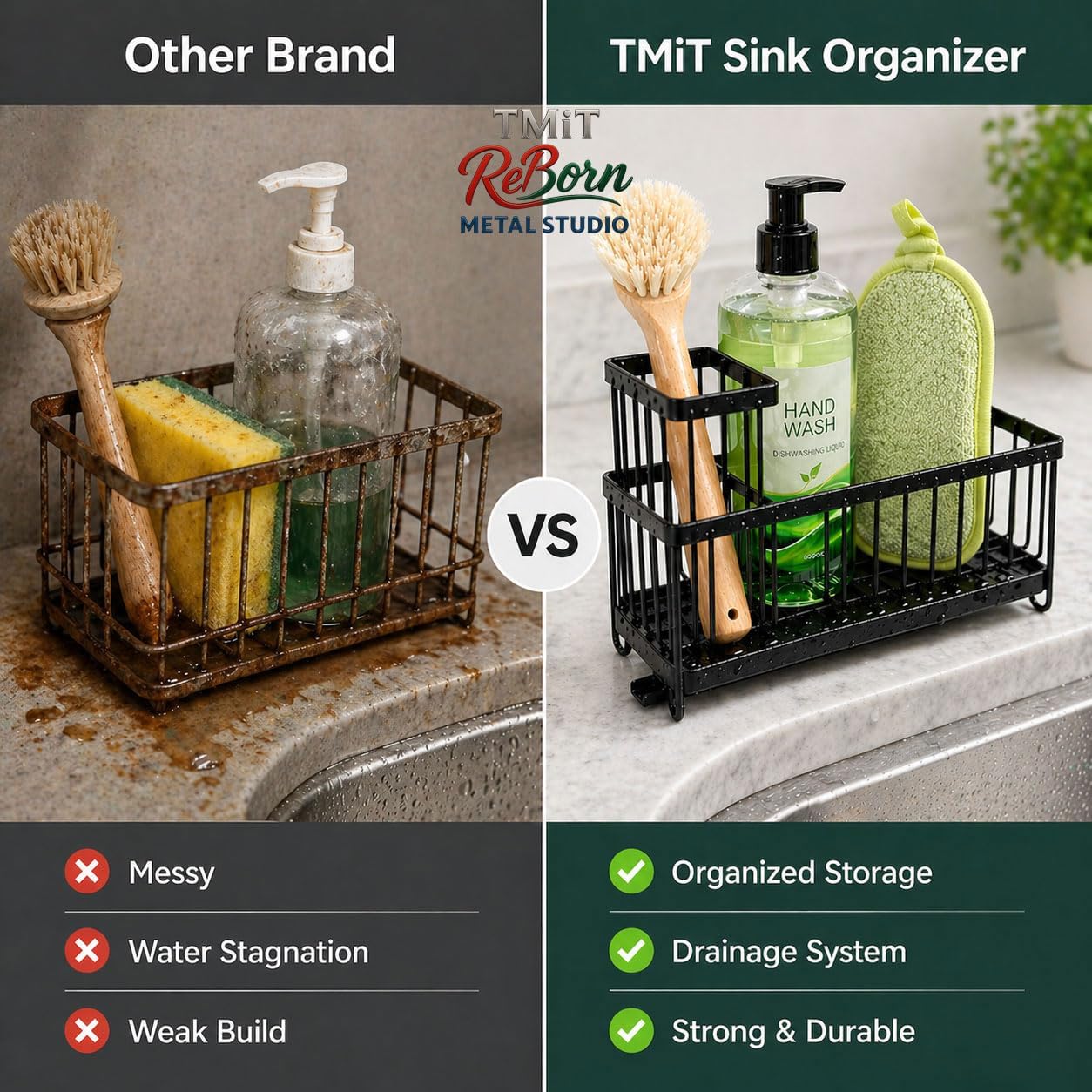 Kitchen Sink Caddy Matte Black, Stainless Steel Sponge Holder with Drainage Tray, Sink Organizer for Sponges, Brushes & Soap, Countertop Storage Rack, 9.4 x 4.7 x 6.5 Inch image 5
