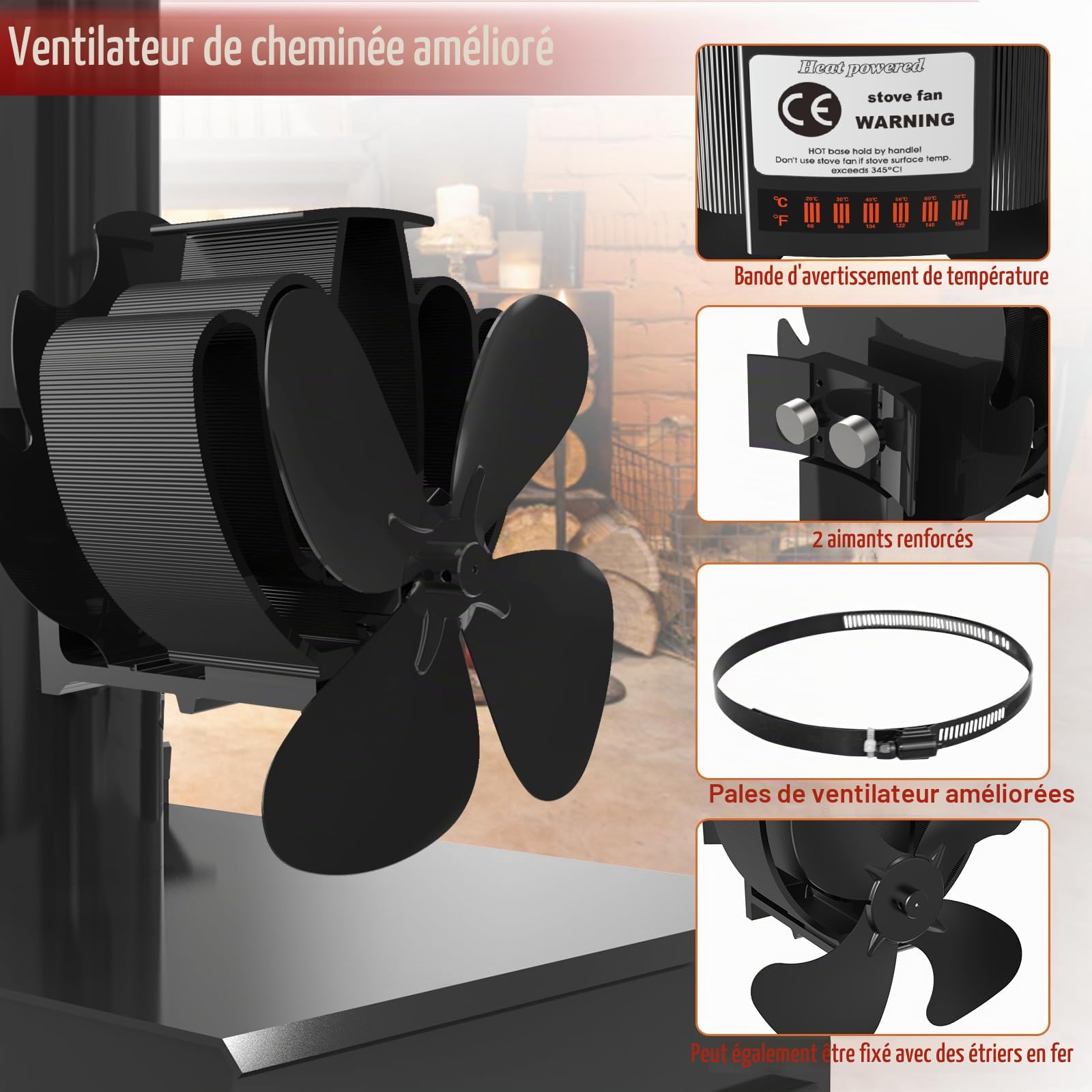 Ventilateur pour foyers, poêles à bois, cheminées, ventilateur 4 pales, fonctionne sans électricité, en forme de ramure, noir 5.00W