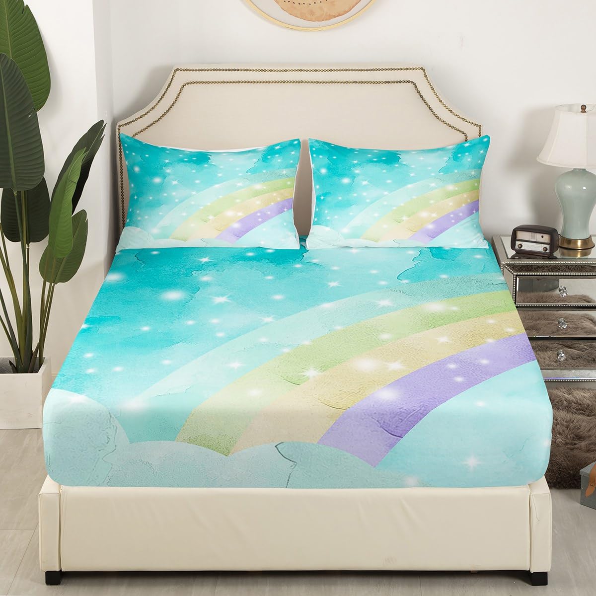 Erosebridal Girly Teal Fitted Sheet,Queen Cartoon Rainbow Bed Sheets for Kids Boys Girls,Tie Dyed Bed Cover,Ombre Bedding Set with 2 Pillowcases Wrinkle Free