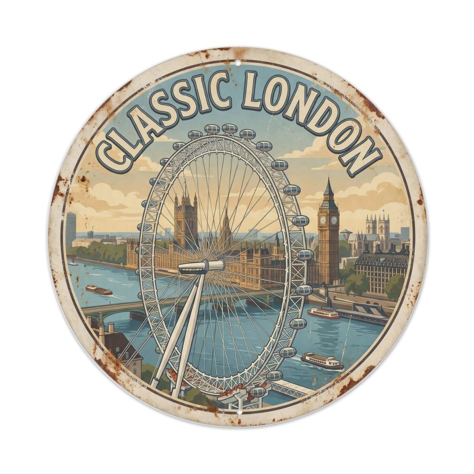Fqcyn Style Vintage Travel London Eye Thames Metal Tin Sign