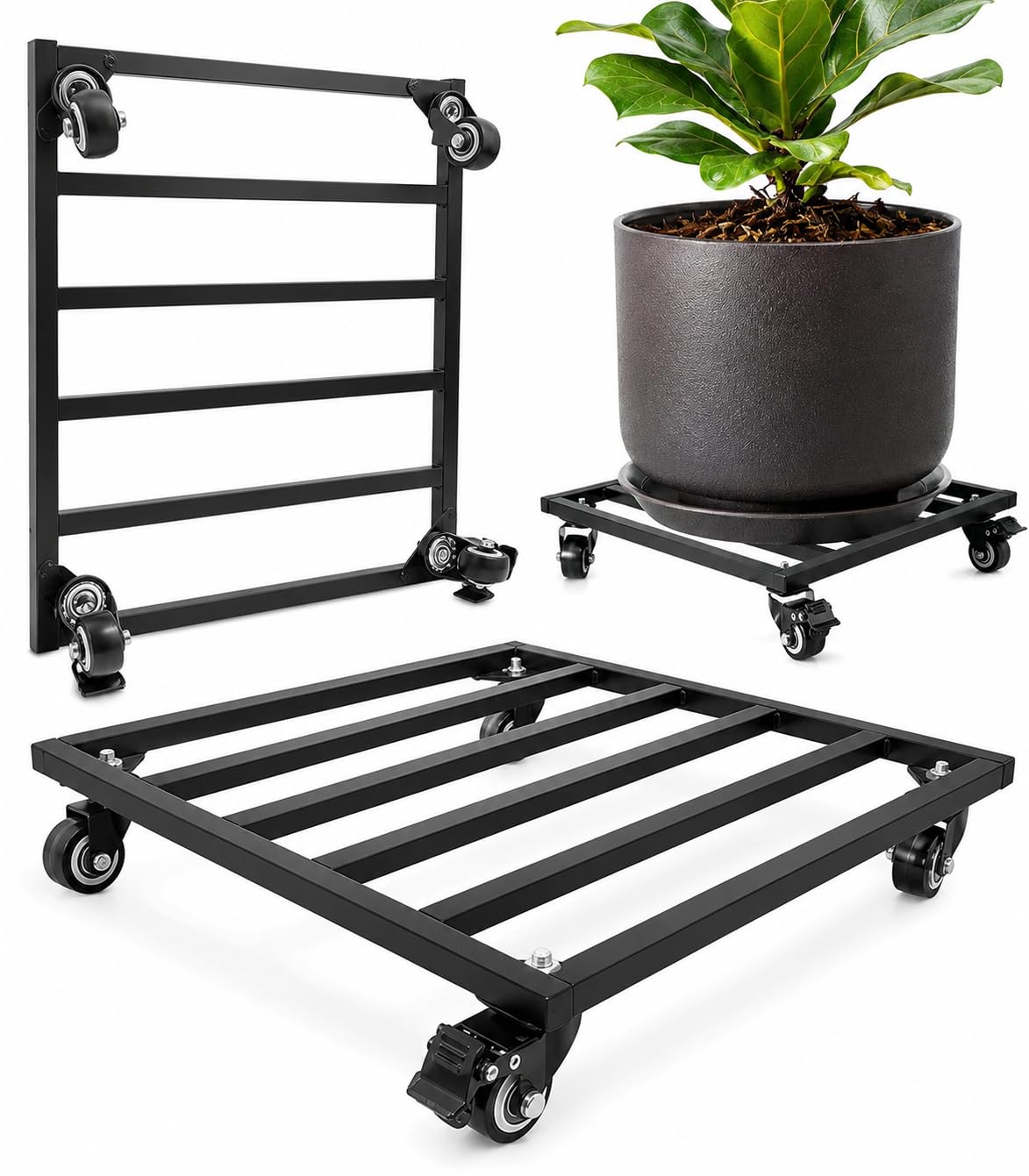 Nordswal Plant Caddy with Wheels, 13.39"/34CM Metal Square Plant Pot Stand Feet with Lockable Caster Wheels, Heavy Duty Plant Dolly Base or Large Flower Pots Mover for Indoor & Outdoor, 2 Pack