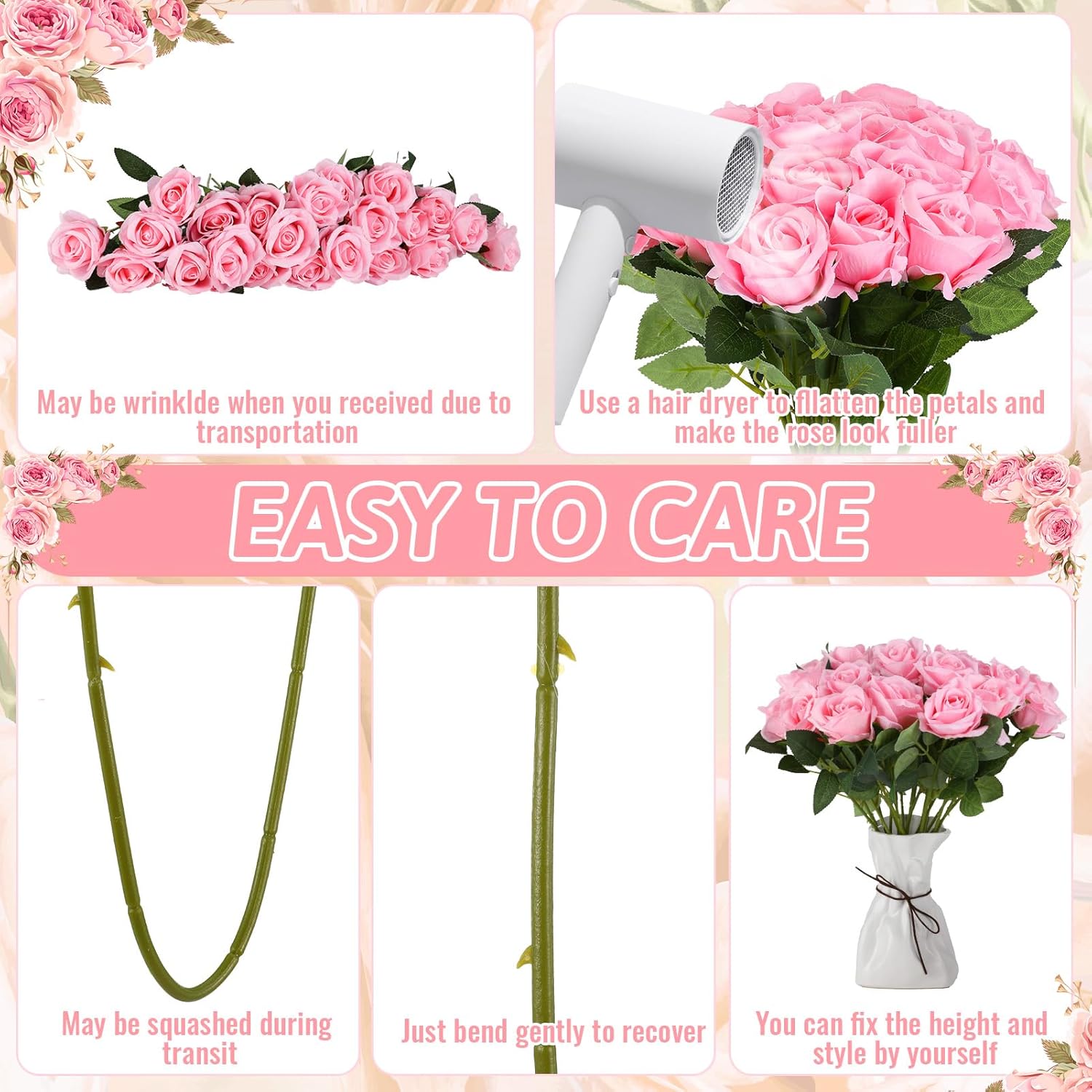 24 Pcs Pink Rose Artificial Flowers with Long Stem Real Touch Silk Plastic Bouquet Pink Roses Bulk for Wedding Party Table Centerpieces Festival Decorations - Image 3