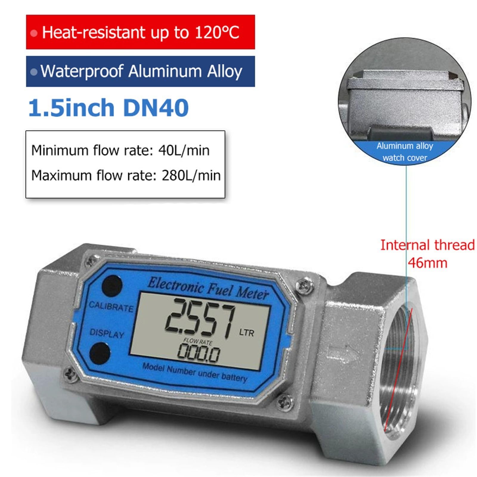 Medidor de Flujo Digital Medidor de Flujo Agua electrónico, medidor Impermeable Alta precisión, Pantalla LCD, Contador Sensor for Combustible y Gasolina(1.5inch)