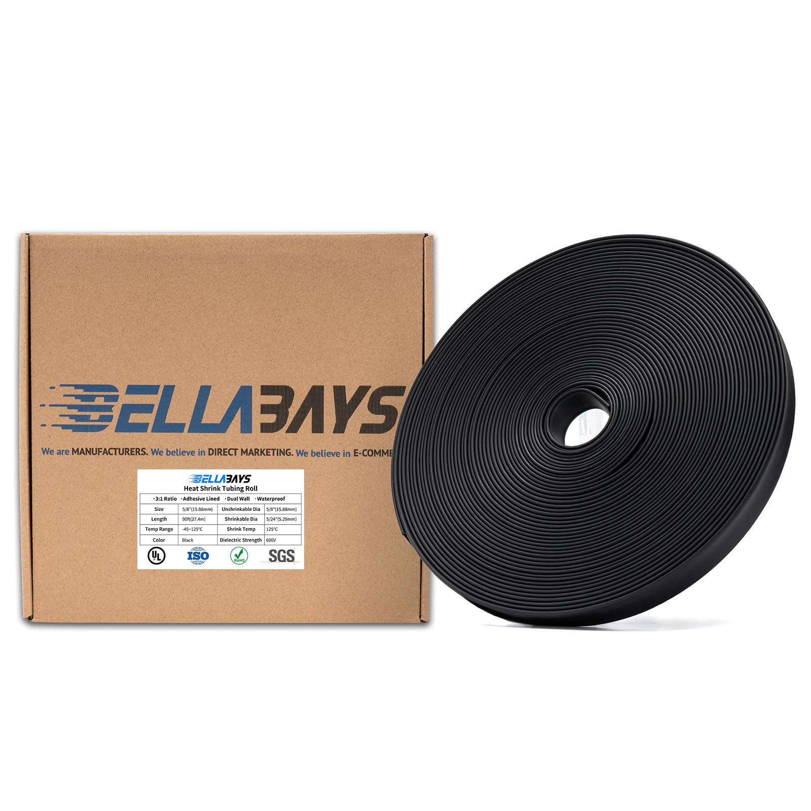 BELLA BAYS3:1 Ratio 5/8 Inch (15.88mm) 90 Ft (27m) Waterproof Marine Grade Heat Shrink Tubing Roll Adhesive Lined Tube,Insulation Sealing and Oil-Proof,Black(UL,RoHS,SGS,ISO Certification)