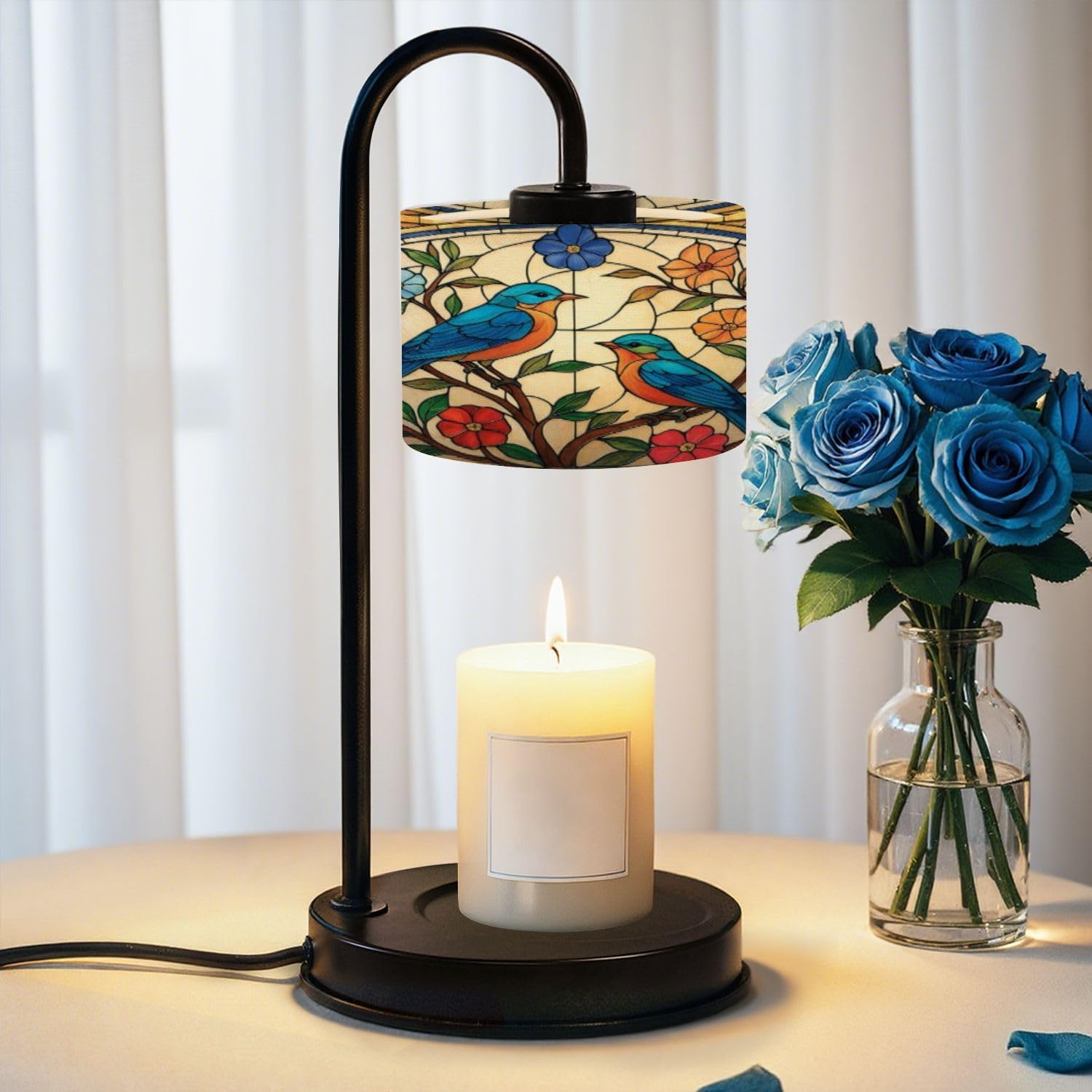 Candle Warmer Lamp with Timer Stained Glass Art Bluebirds Flowering Branches Vibrant Colors Dimmable Wax Warmer with 4 Bulbs for Jar Candles Women Birthday Gifts House Warming New Home Decor