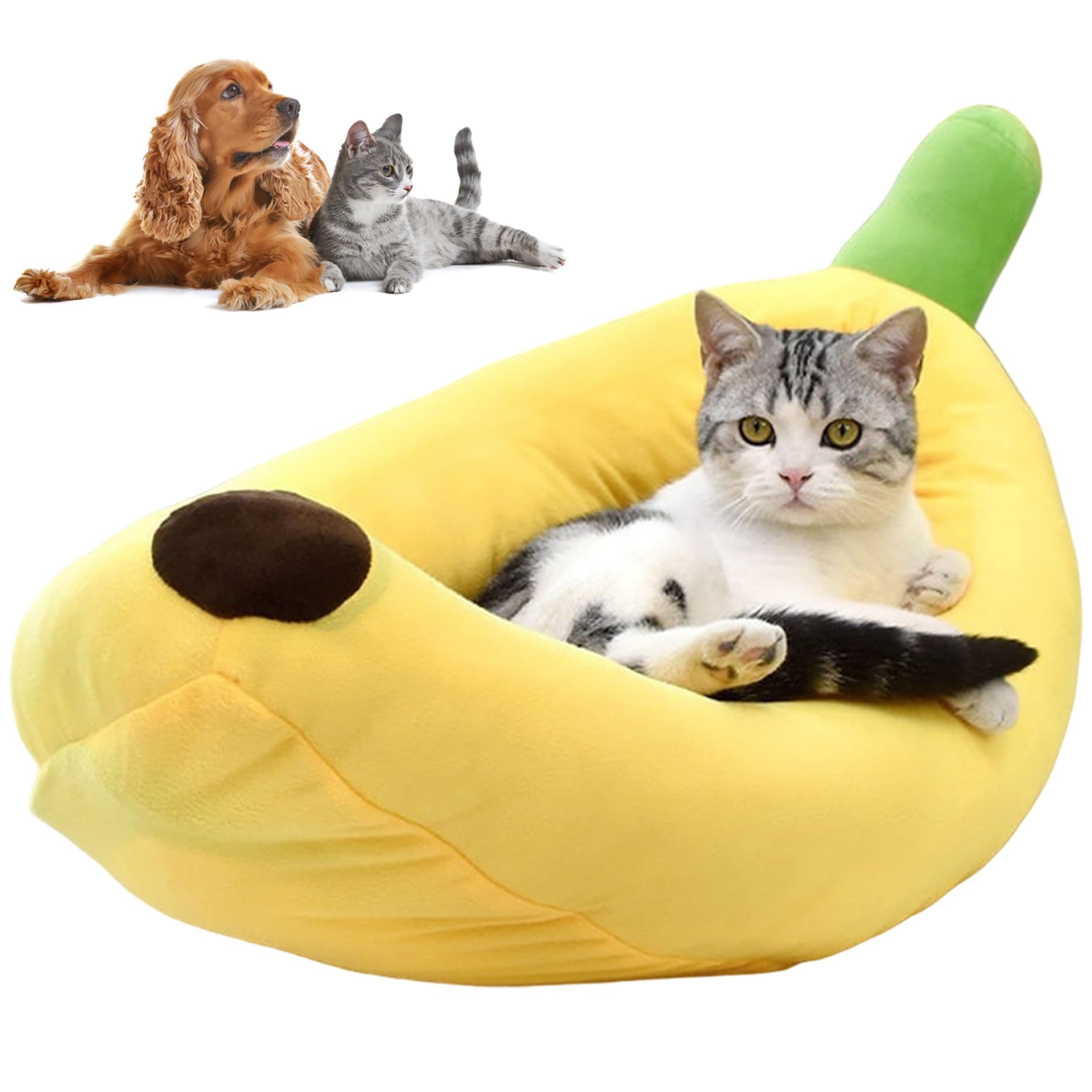 Cama de gato mullida que calma la ansiedad de gatitos y cachorros con diseño de plátano amarillo
