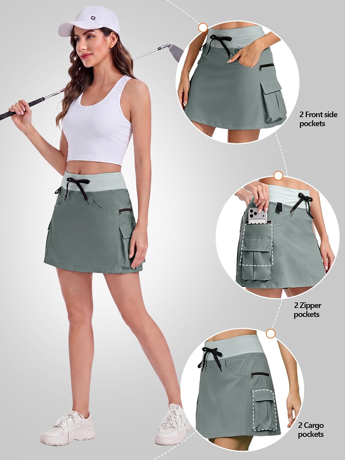 Skorts for Women with Pockets, Cargo Skort - High Waisted, Zipper Pockets & Liner for Golf, Hiking, Tennis, Pickleball