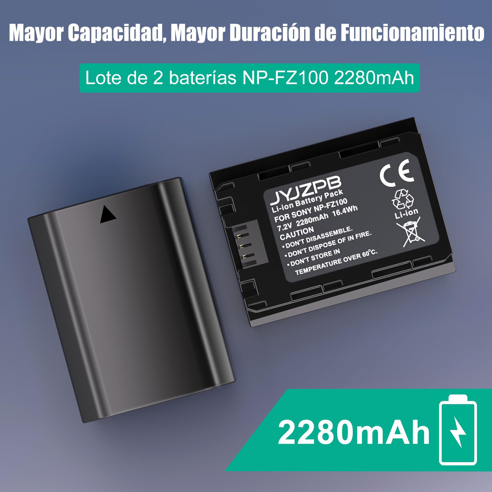 JYJZPB NP-FZ100 Batería y Cargador para Sony A7 III, Sony Alpha A7R III, A7R IV, A9, A6600, Alpha 9S, A7R3 A7S III, A7R III, 2 Paquetes de Baterías