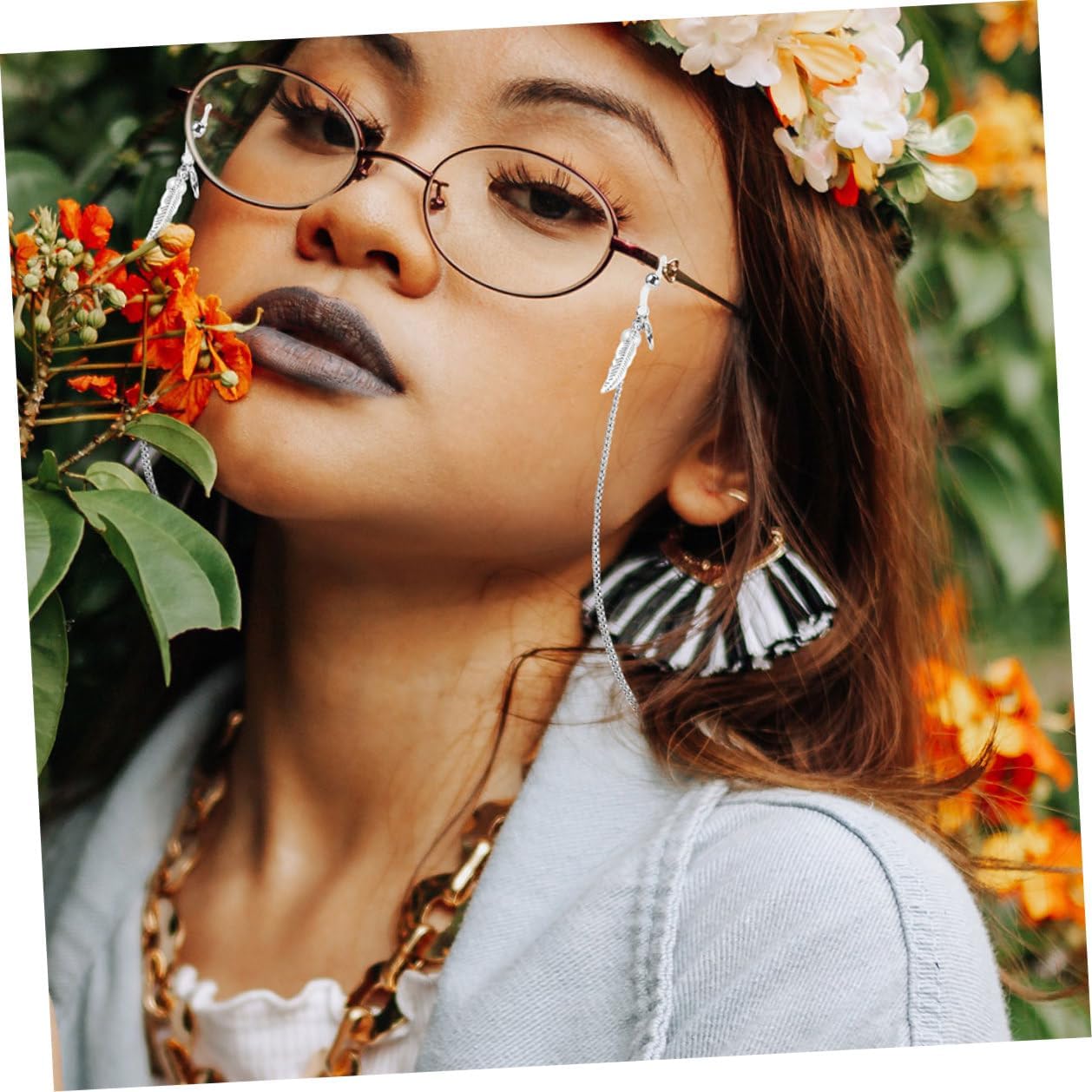 FRCOLOR 2pcs Stainless Metal Leaf-design Eyeglasses Chain Strap for Men and Women, Glasses Necklace Holder Eyewear Retainer for Travel, Hiking, and Cycling