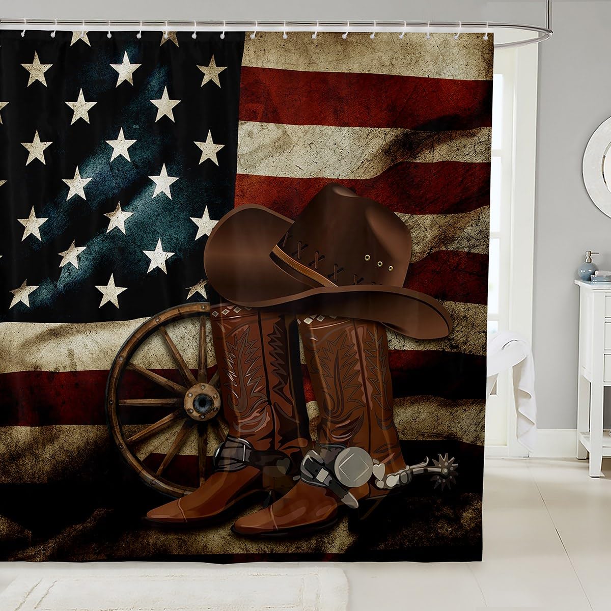 Homewish Cowboy Boots Hat Shower Curtain American Flag Bathroom Shower Curtain Set for Kids Adult Retro Style Bath Curtain Western Cowboy Waterproof