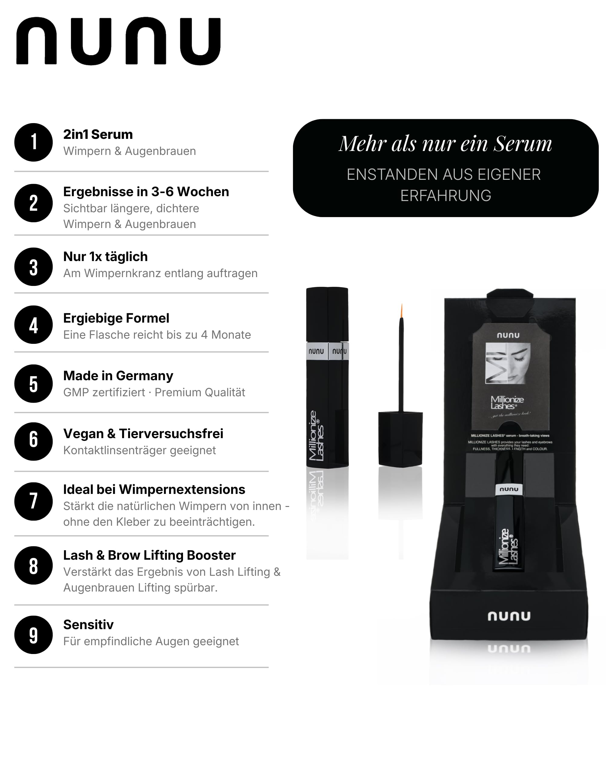 Millionize Lashes Wimpernserum & Augenbrauenserum 2in1 Lash Serum by Nunu | Bewährt in Kosmetikstudios & Parfümerien seit über 10 Jahren. Made in Germany. Eyelash Serum & Brow Serum