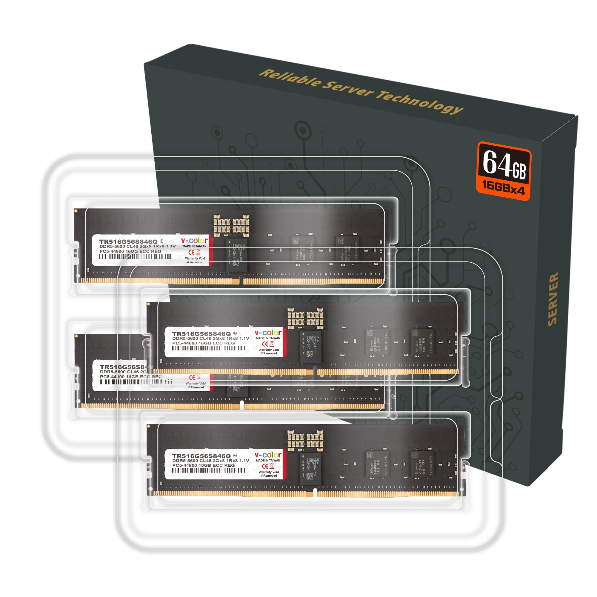 V-Color DDR5 64GB (16GBx4) 5600MHz CL46 2Gx8 1Rx8 ECC R-DIMM