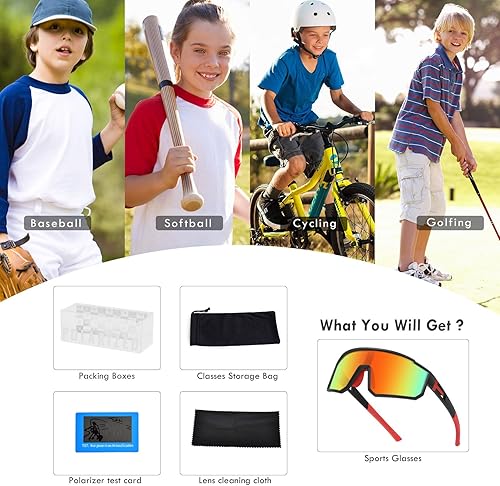 Miniatura 7 de Derowern Lentes de sol de béisbol juveniles, lentes de sol deportivos polarizados para niños, protección UV400 para niños y niñas, softbol y ciclismo