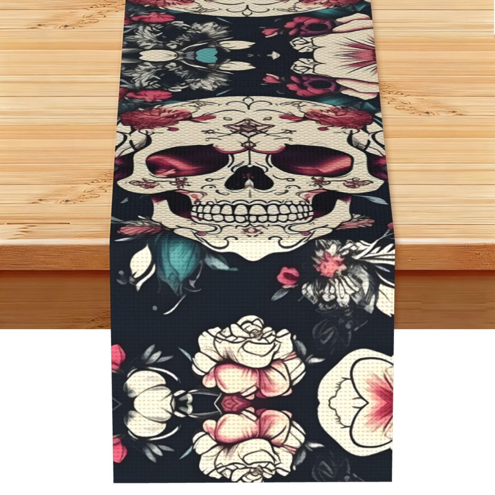 Flowers Skull Ornamental Pattern Print Table Runner for Home Hotel Dining Kitchen Party Indoor Outdoor Decor,13x72 Inch