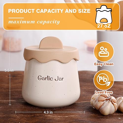 Miniatura 3 de BosilunLife Contenedor de almacenamiento de ajo  Contenedor de cerámica para ajo con tapa, contenedor de almacenamiento de ajo para mostrador de ajo