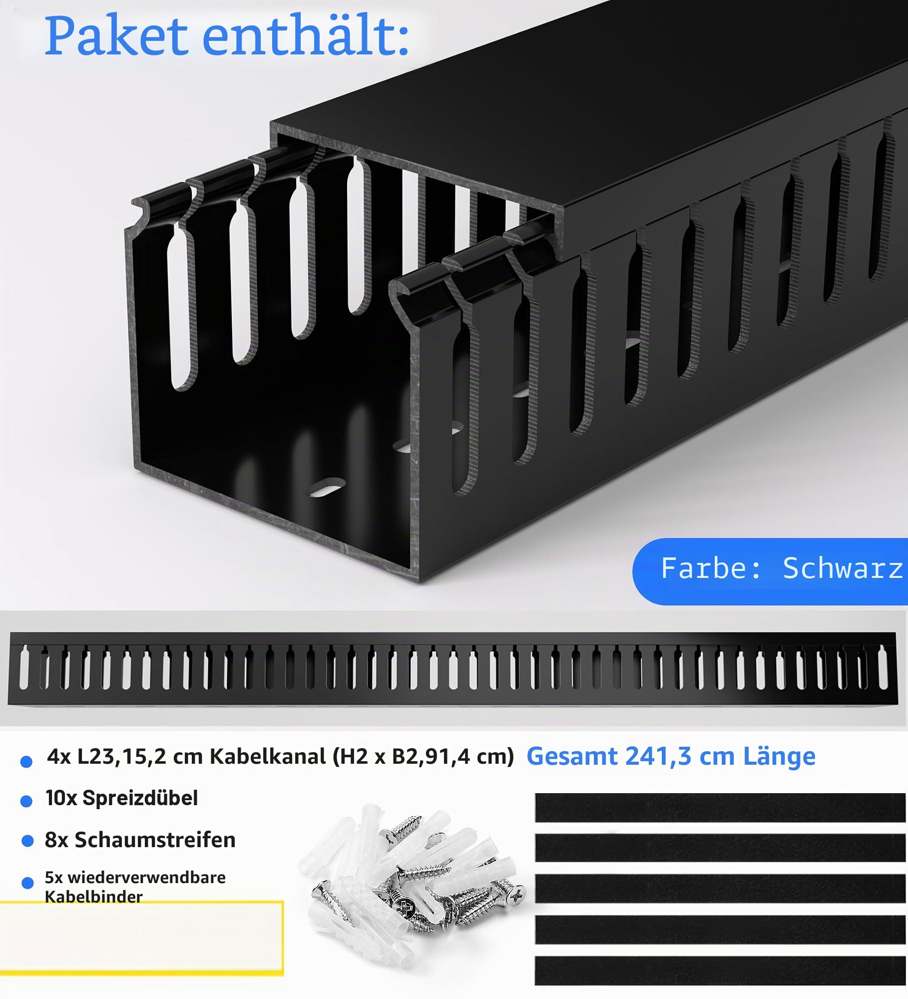 ZhiYo Kabelkanal schwarz 240cm - Serverrack-Set mit 4x60cm Verdrahtungskanal | Sicherer PVC-Kabelkanal H5xB6cm für Schreibtisch/Netzwerk - Offene Kabelrinne mit Stecksystem