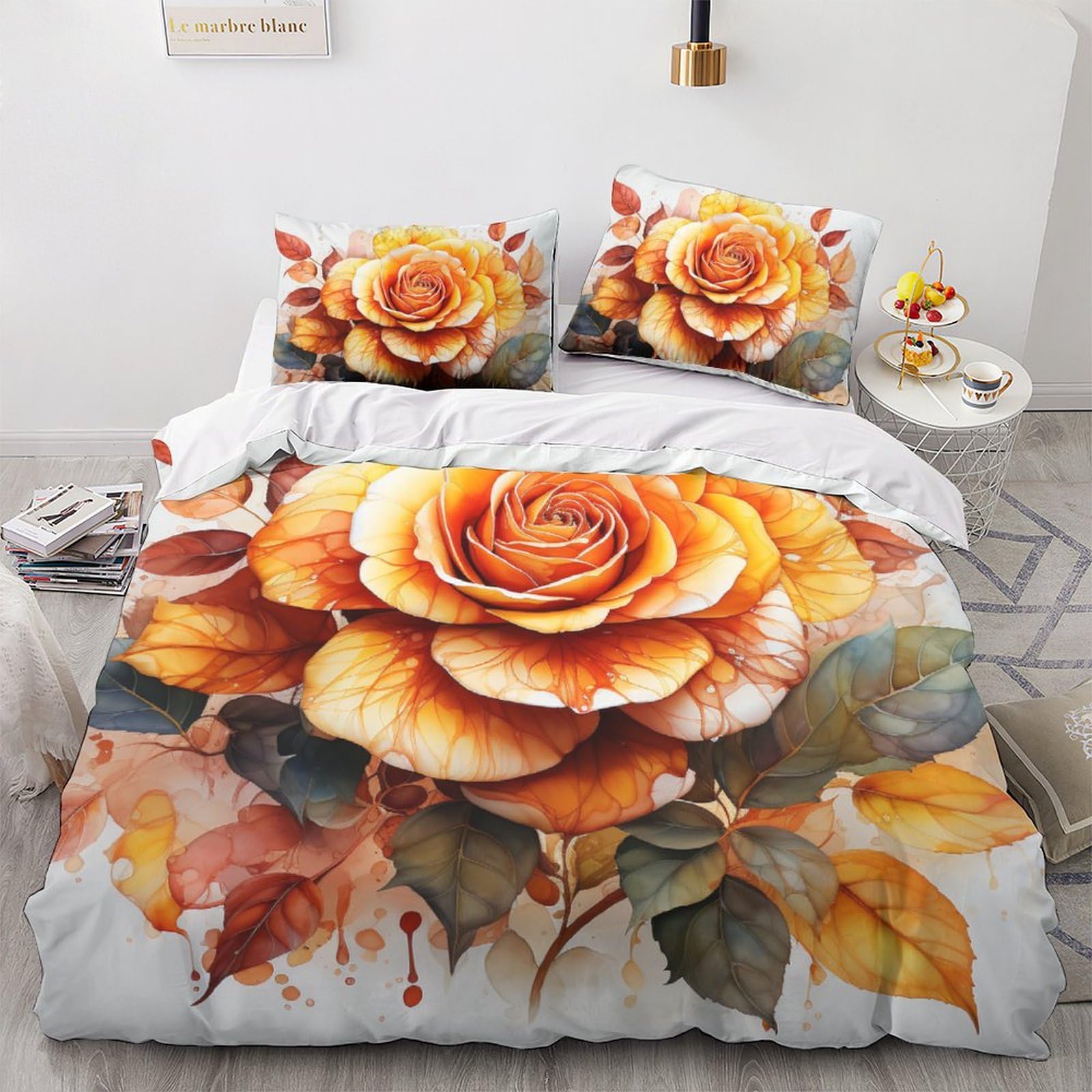 Parure de lit 3 pièces imprimée rose avec housse de couette king 220x240 et taies