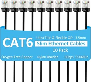 Slim CAT6 Ethernet Cable 1 FT (10-Pack), Snagless Cat 6 Patch Cable, Nylon Braided, 1Gbps, Internet Network Cables, Ultra Slim Cat6 Cables, UTP, Black Cables -10 Pack