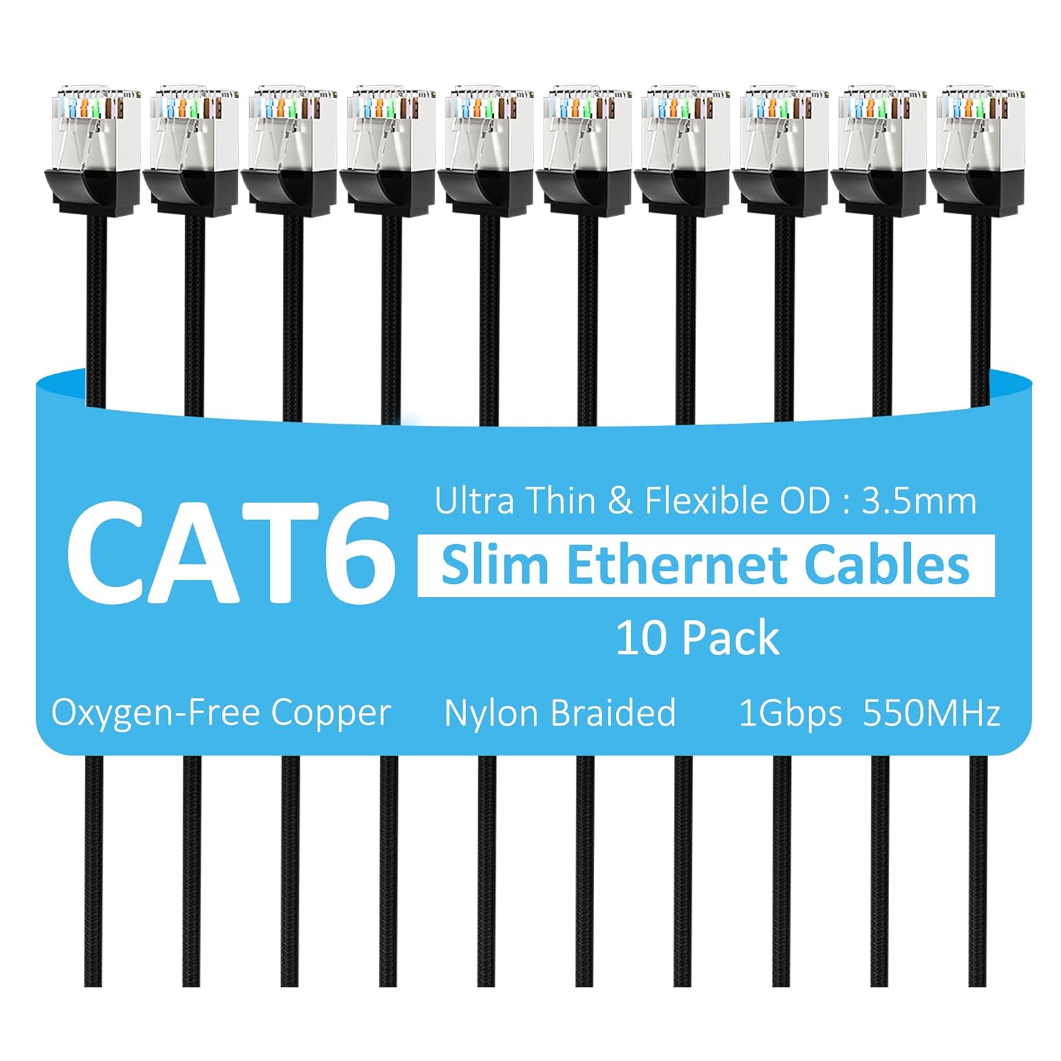 Slim CAT6 Ethernet Cable 10 FT (10-Pack), Snagless Cat 6 Patch Cable, Nylon Braided, 1Gbps, Internet Network Cables, Ultra Slim Cat6 Cables, UTP, Black Cables -10 Pack
