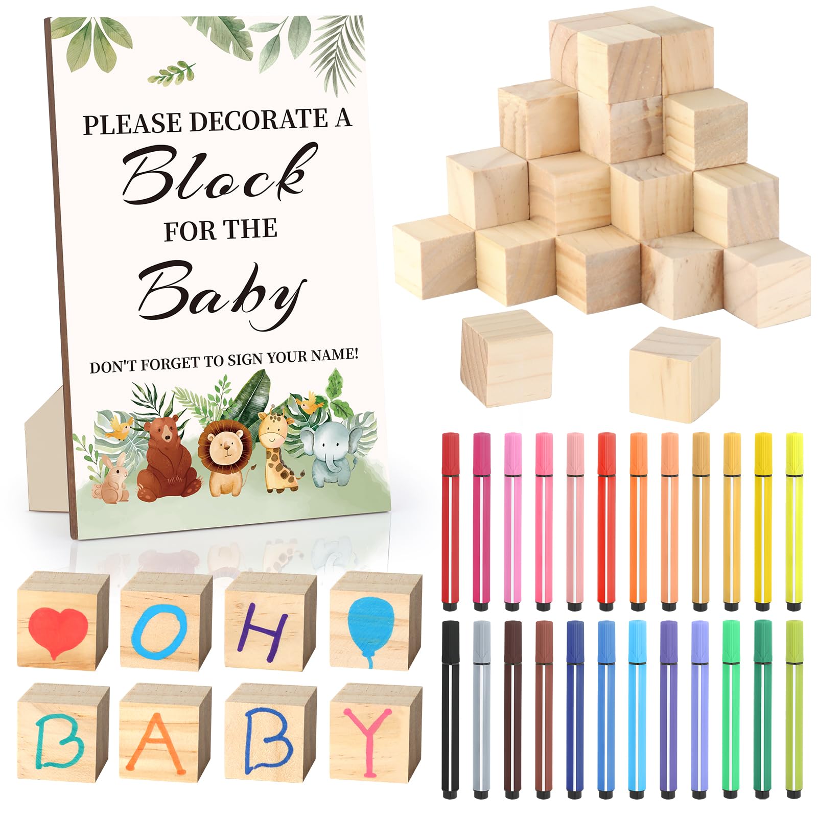 Kit Baby Shower – 48 Blocs Bois + 12 Crayons – Sac Rangement Cuir – 25,5x11x18,5 Cm