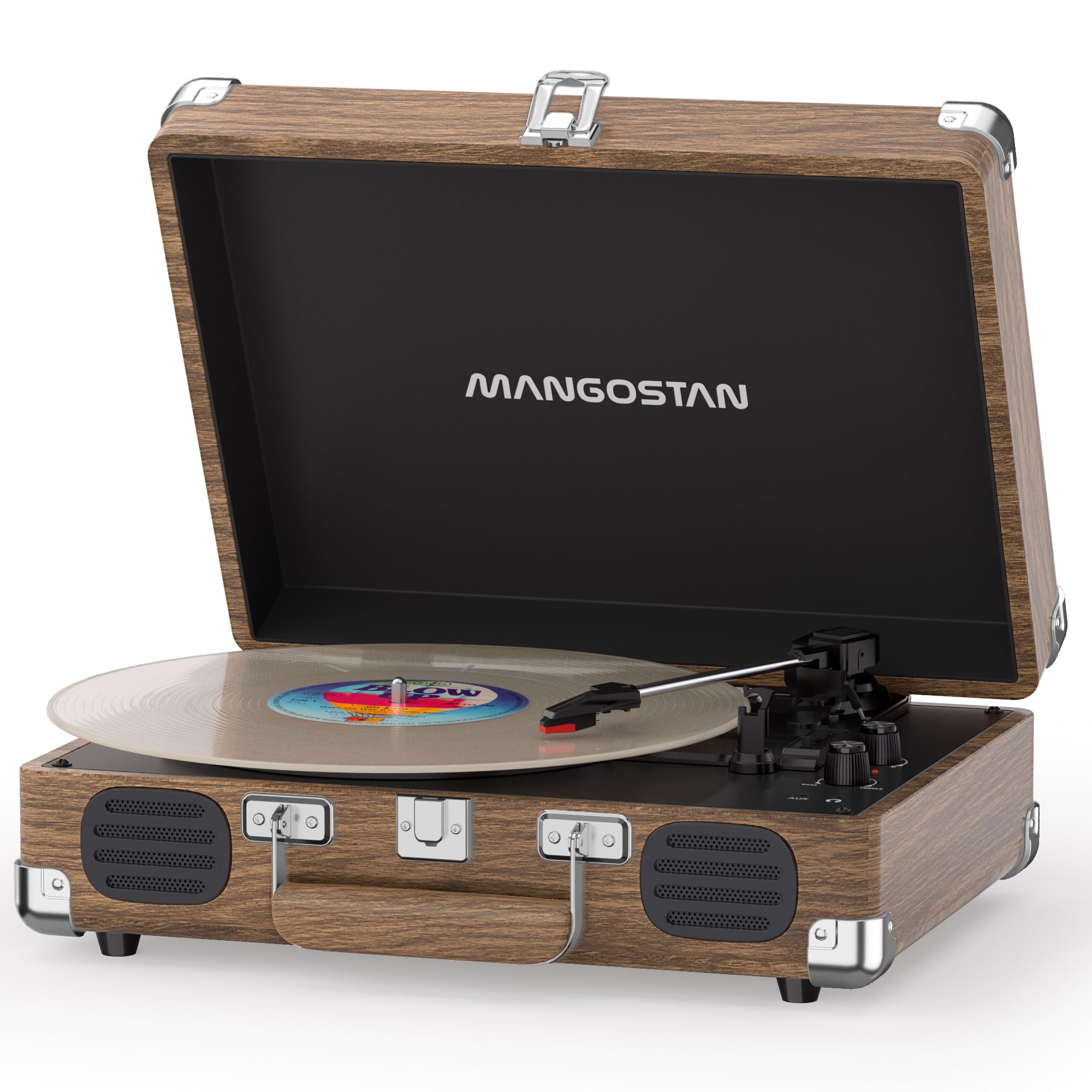 Tourne-disque Bluetooth vintage avec haut-parleurs intégrés, tourne-disque à 3 vitesses, arrêt automatique, entrée RCA et AUX-in, prise casque, lecteur LP rétro valise - Grain de bois