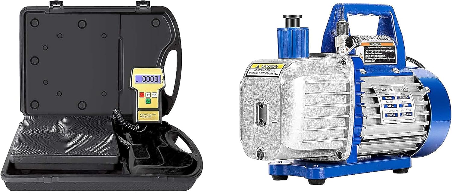 VIVOHOME High Precision Electronic Digital Refrigerant Charging Weight Scale and 110V 1/2 HP 5 CFM Dual Stage Rotary Vane HVAC Air Vacuum Pump with Oil Bottle Set