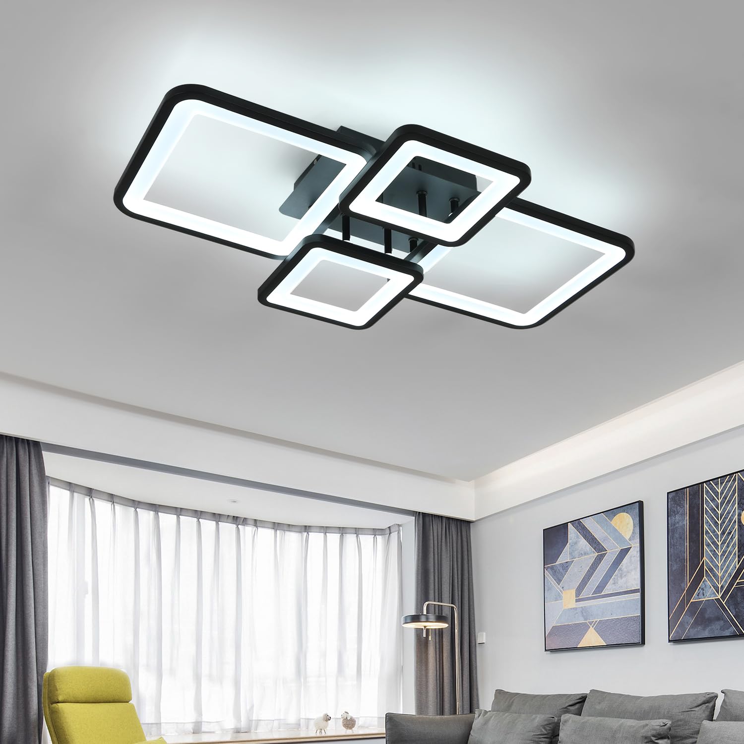 Comely Plafonnier LED Moderne, 54W Luminaire Plafonnier Dimmable | Lampe de Plafond avec Télécommande 3000K-6500K , Design Rectangulaire Créatif pour Salon, Chambre, Cuisine (Noir)