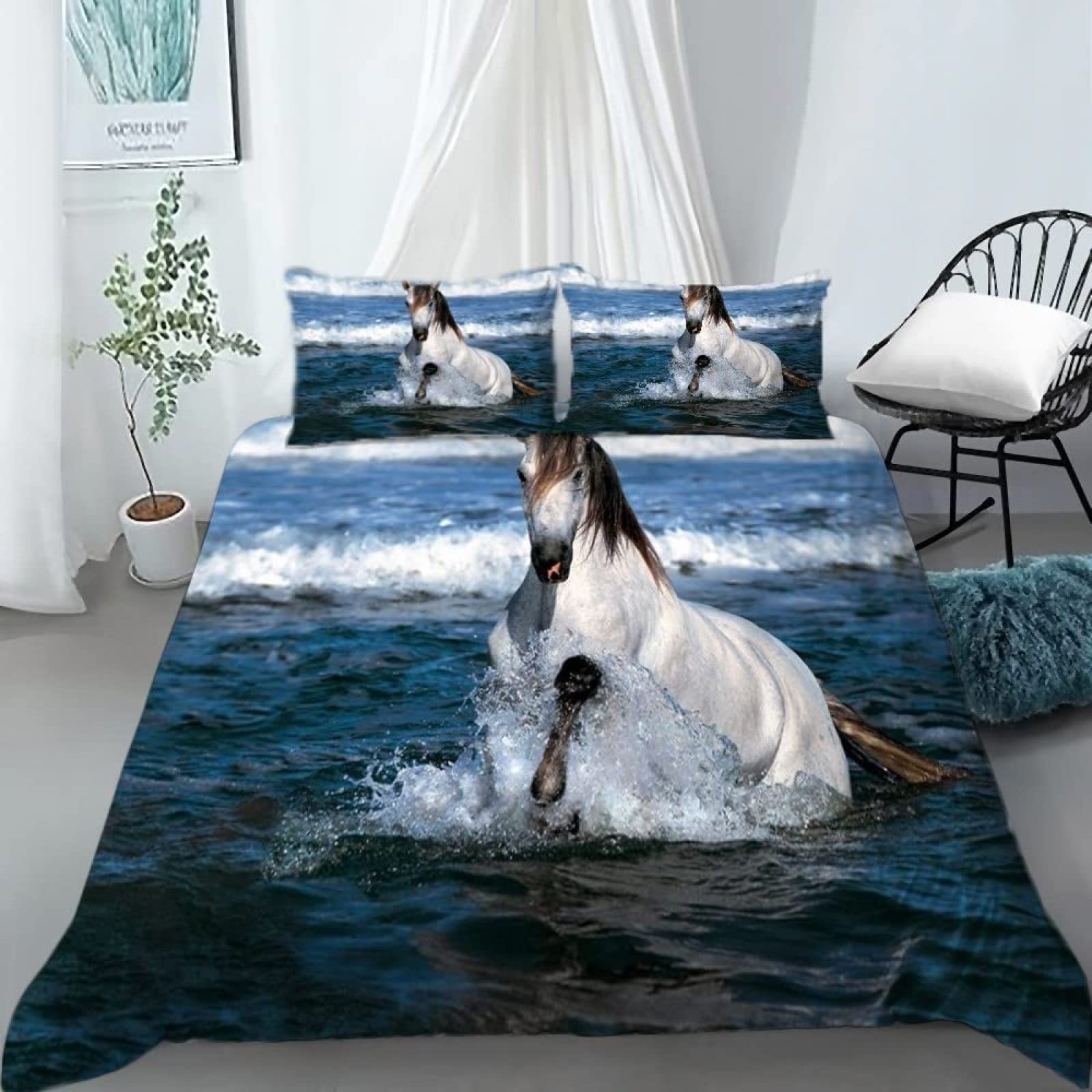 Housse de couette 240 x 260 adulte anti-plis en microfibre au motif cheval