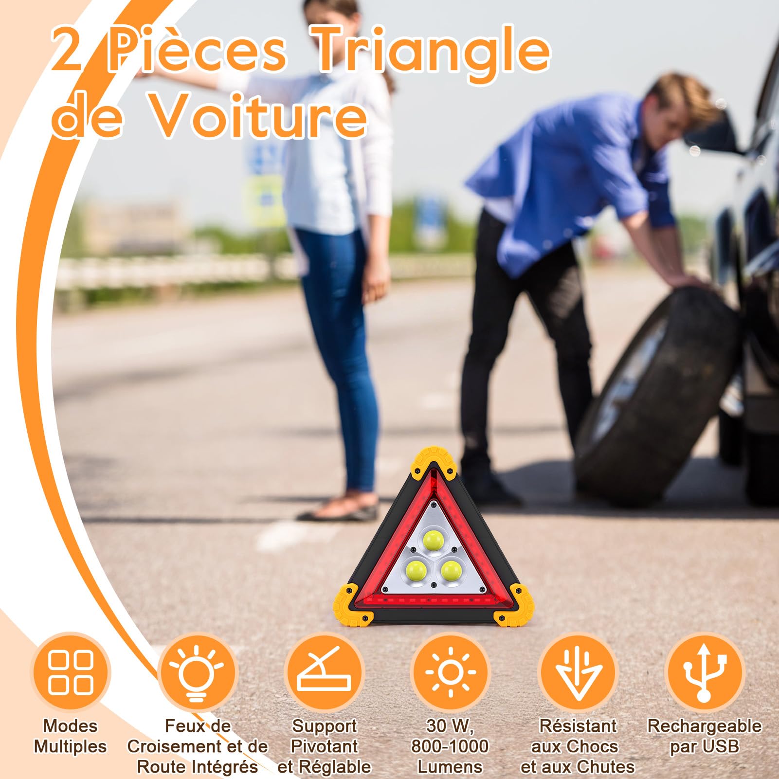 VINGVO Triangle De Signalisation Voiture, 30W LED Triangle Voiture, Haute Visibilité & étanche Triangle Lumineux LED Voiture, 3 Modes Fixe/Clignotant Rouge, Triangle D’Urgence Portable avec Poignée