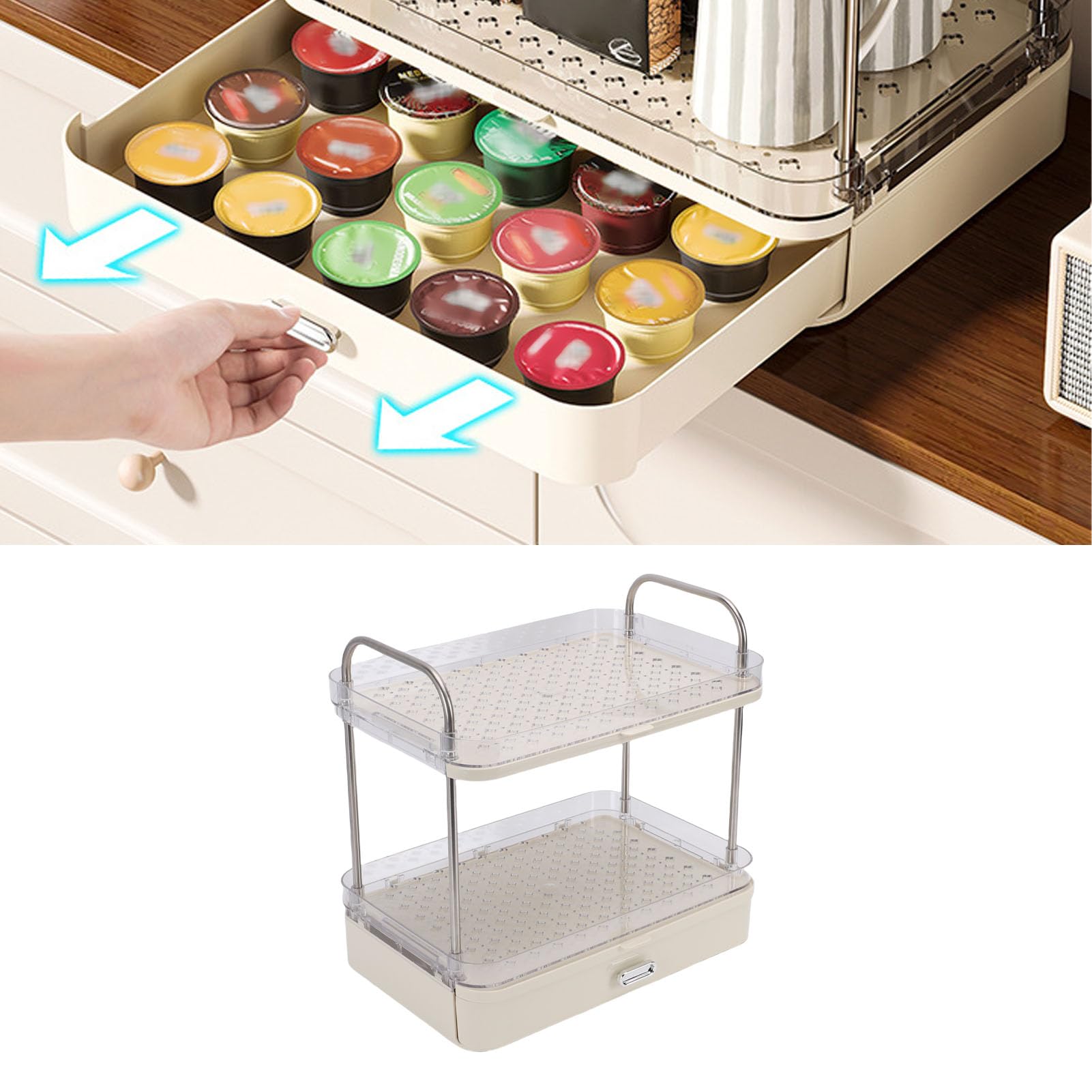 Asixxsix Kaffeetassenhalter, PET-Edelstahl-Kaffeestation-Organizer mit 2 Ebenen und abnehmbarer Abtropfschale, Tassenhalter, Ausstellungsregal für Kaffeezubehör, Gewürzdosen (Cremeweiß)
