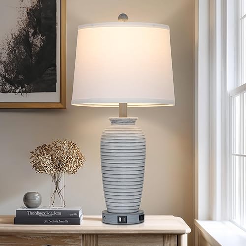 Miniatura 6 de Lámparas de mesa vintage de 25 pulgadas, lámpara de noche rústica individual con puertos USB A+C y salida de CA, lámparas de mesita de noche para